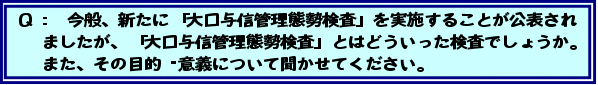 Q:今般、新たに「大口与信管理態勢検査」を実施することが公表されましたが、「大口与信管理態勢検査」とはどういった検査でしょうか。また、その目的・意義について聞かせてください。