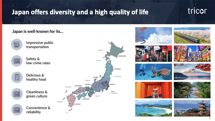 トライコーのスライド1のスクリーンショット: Japan offers diversity and a high quality of life:日本の特徴として、impressive public transportation、safetly and low crime rates、Delicious and healthy food、Cleanliness and green culture、Convenience and reliabilityがあげられる。日本地図を地域別に分け、主要都市名を記載した画像と、日本各地の写真が載せられている。